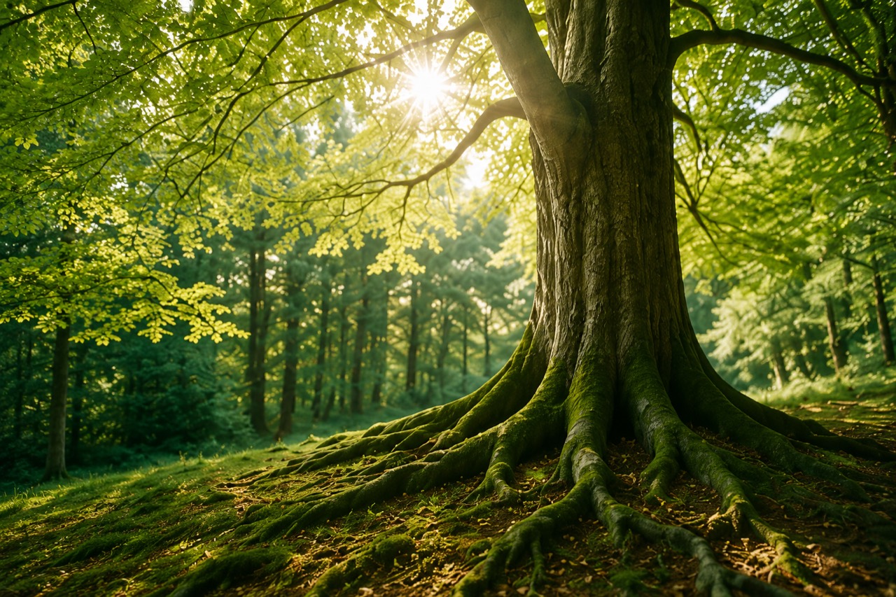 Mohutný strom v lese se slunečním světlem